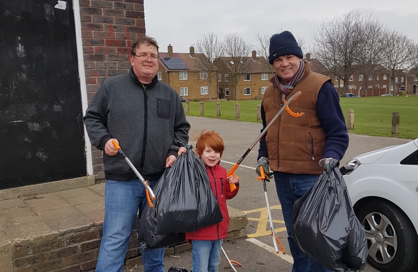 Councillor Mark Joy, his son Alex and Conservative Candidate Jim Gilbourne on the litter pick