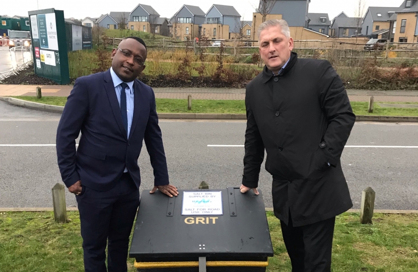 Andrew Mackness and Habib Tejan with new salt bin