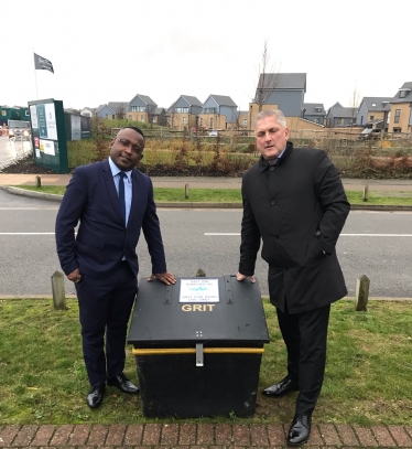 Andrew Mackness and Habib Tejan with new salt bin