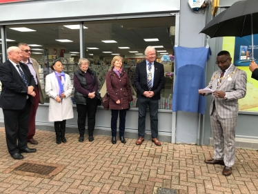 Councillors Brake and Gulvin (far left) with Councillor Tejan (far right) at the unveiling 